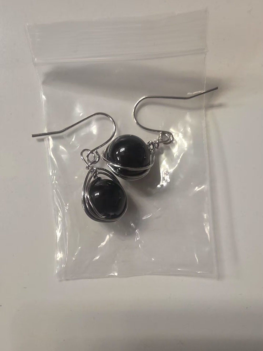 New Silver Wire Wrapped Black Stone Drop Earrings